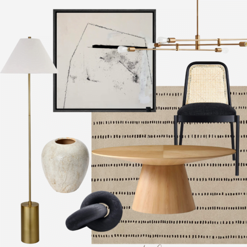 Modern office decor with black and gold accents.