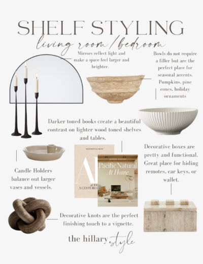 Shelf styling tips for living room and bedroom.