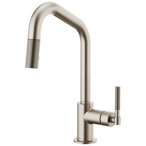 Brushed nickel kitchen faucet with pull-down sprayer.