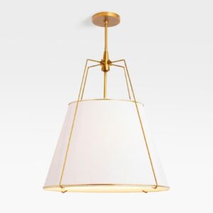 Gold pendant lamp with white shade.