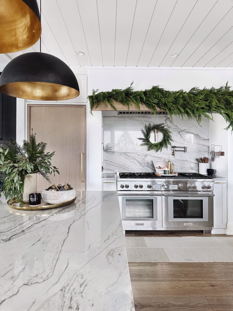 Modern kitchen with a marble countertop and greenery.