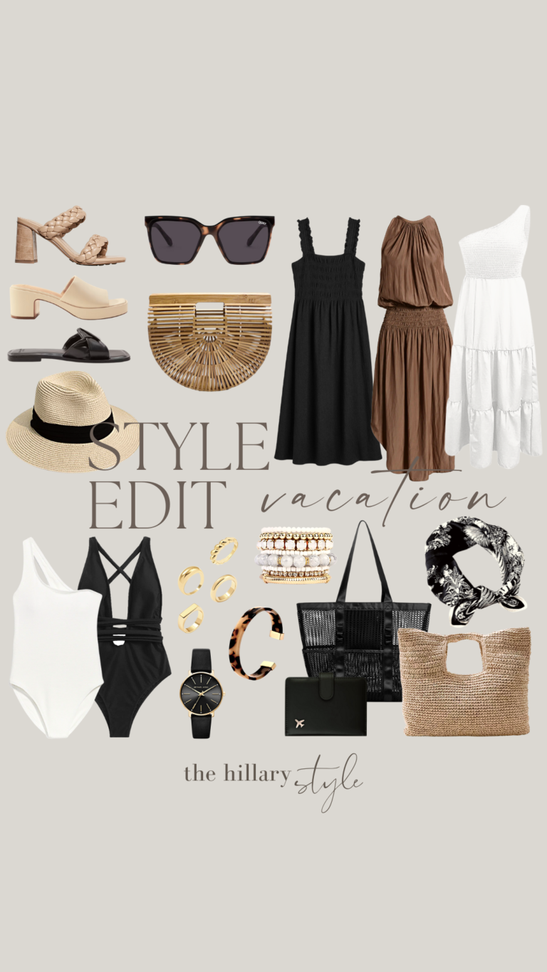 Vacation style edit with various accessories.