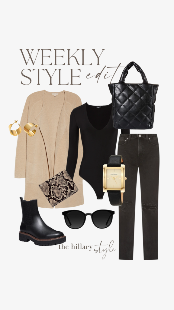 Black and beige women's outfit with accessories.