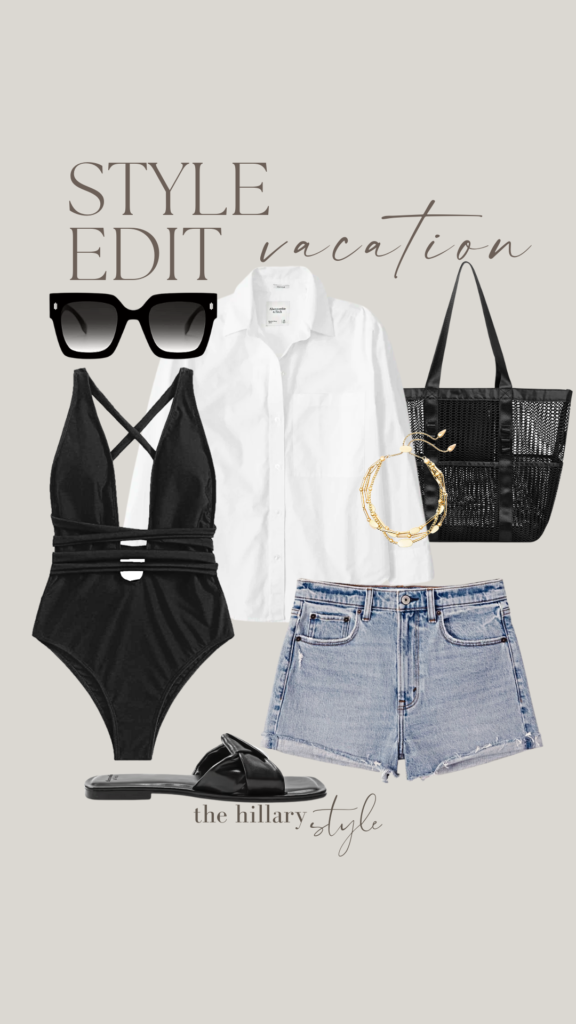 Vacation outfit with black swimsuit and denim shorts.