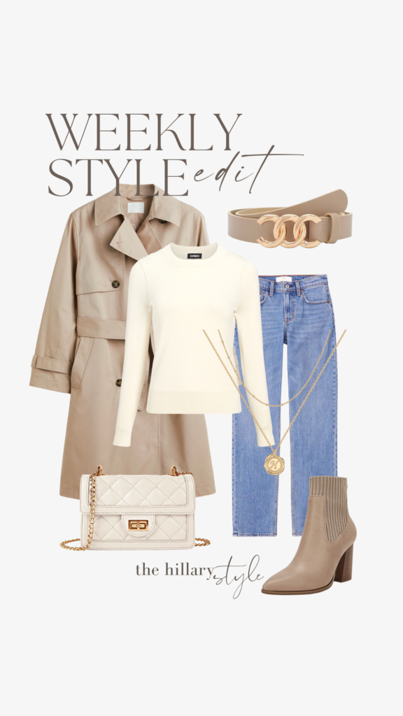 Beige trench coat, white sweater, and jeans.