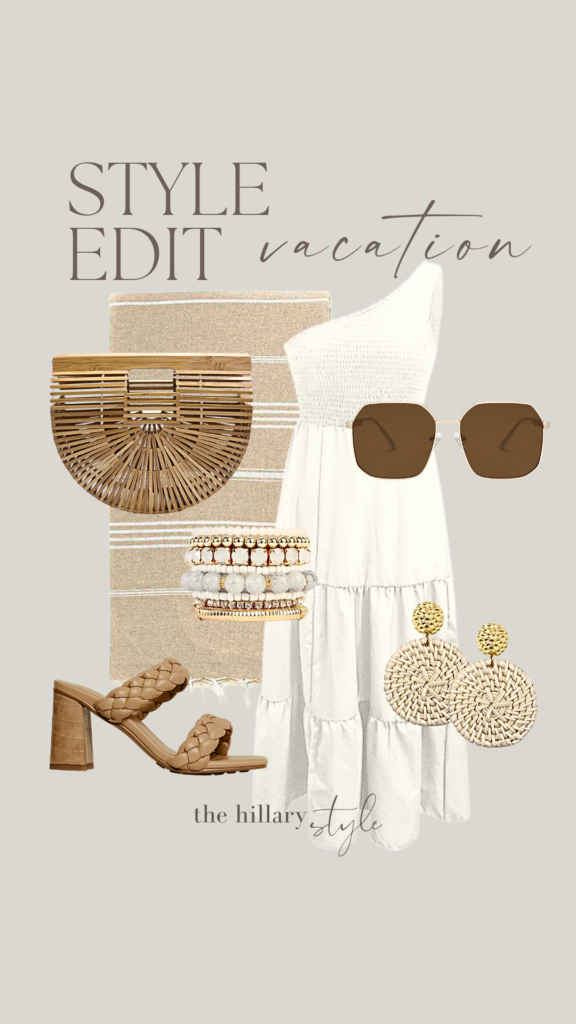 Vacation outfit with white dress and sandals.