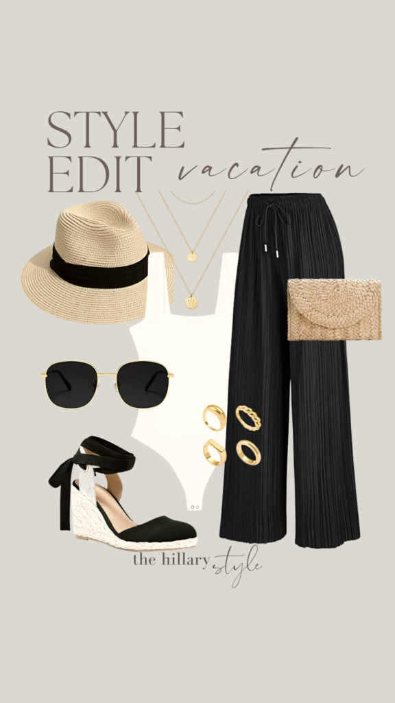 Vacation outfit with black pants and hat.