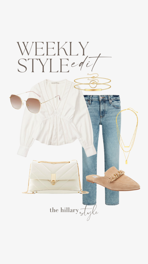 White blouse, jeans, gold jewelry, and sandals.