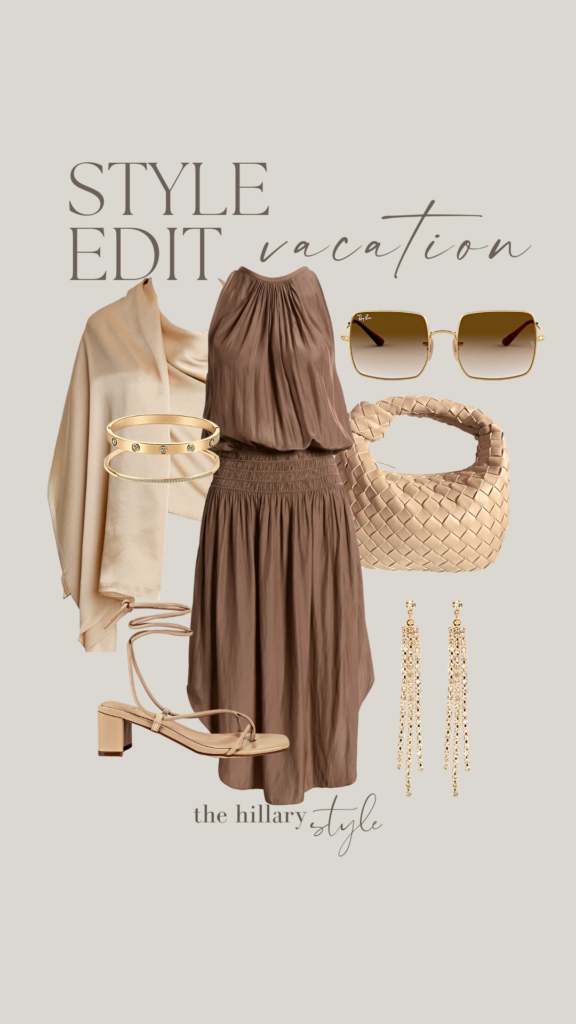 Vacation style outfit with brown dress, sandals and handbag.