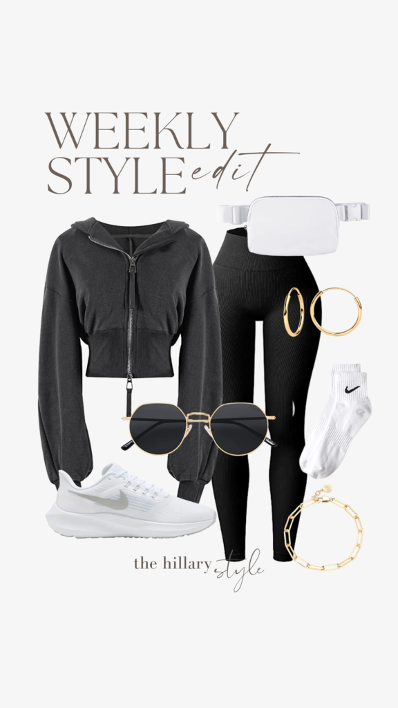 Weekly style edit featuring black hoodie and leggings.