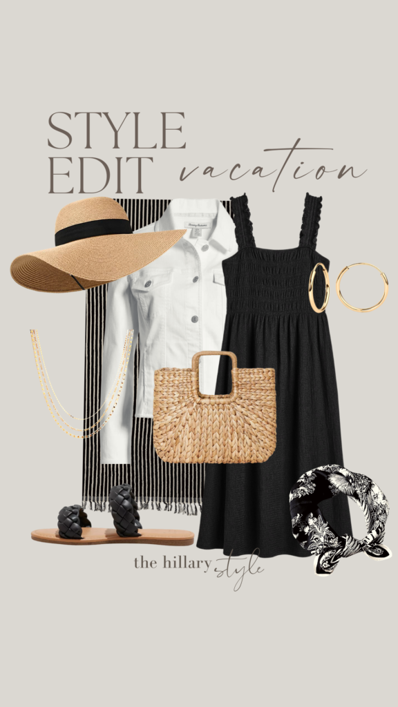 Vacation outfit with black dress and hat.