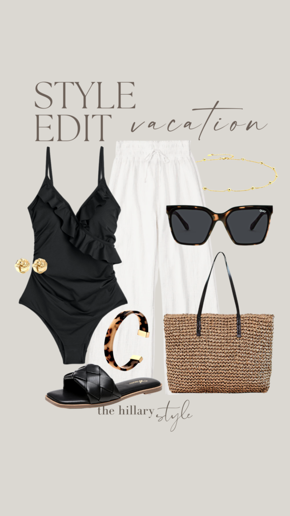 Vacation outfit with black swimsuit and white pants.