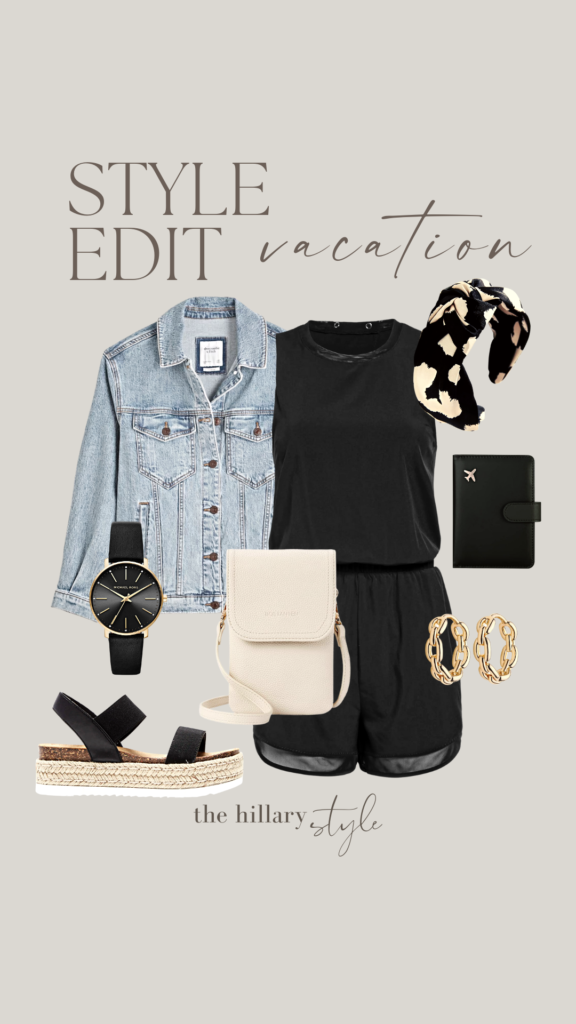 Vacation outfit with denim jacket and shorts.