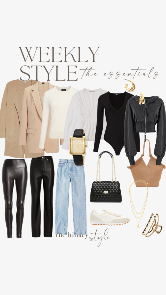 Weekly style essentials outfit collage.