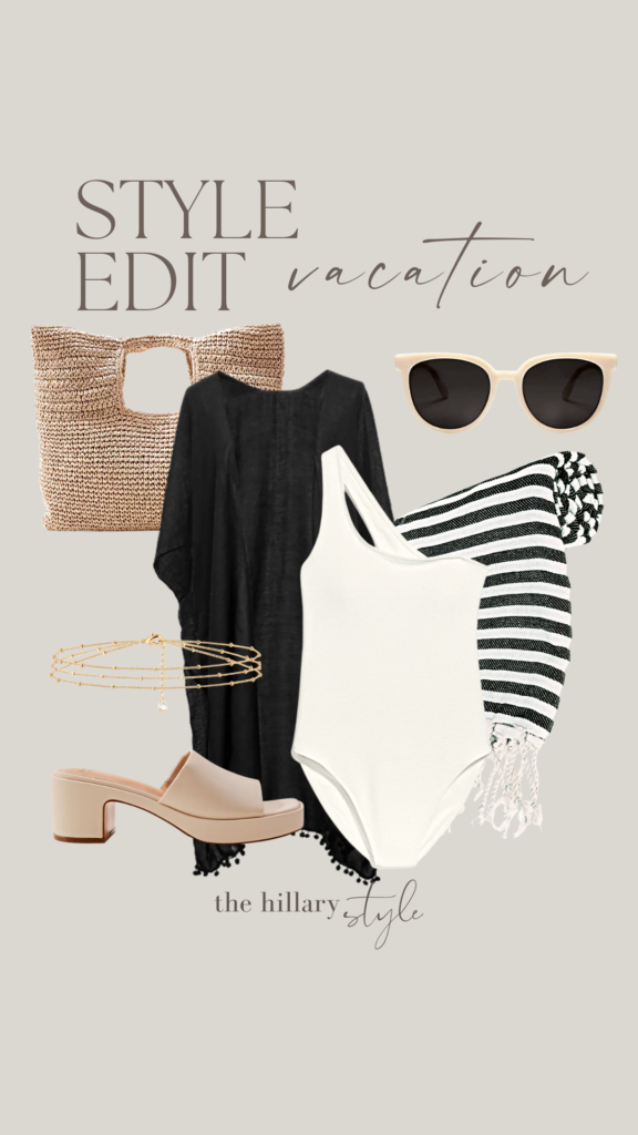 Vacation outfit with black cover-up and sandals.