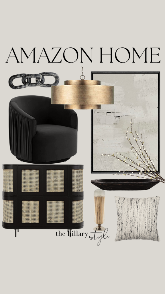 Amazon Home decor with black chair and gold lamp.