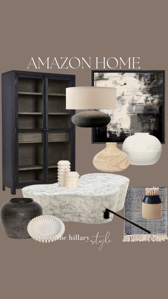 Home decor with black cabinet, lamps and vases.