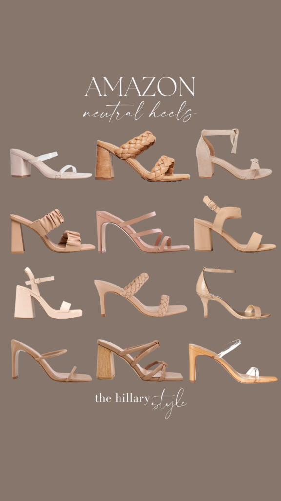 Twelve neutral heeled sandals from Amazon.