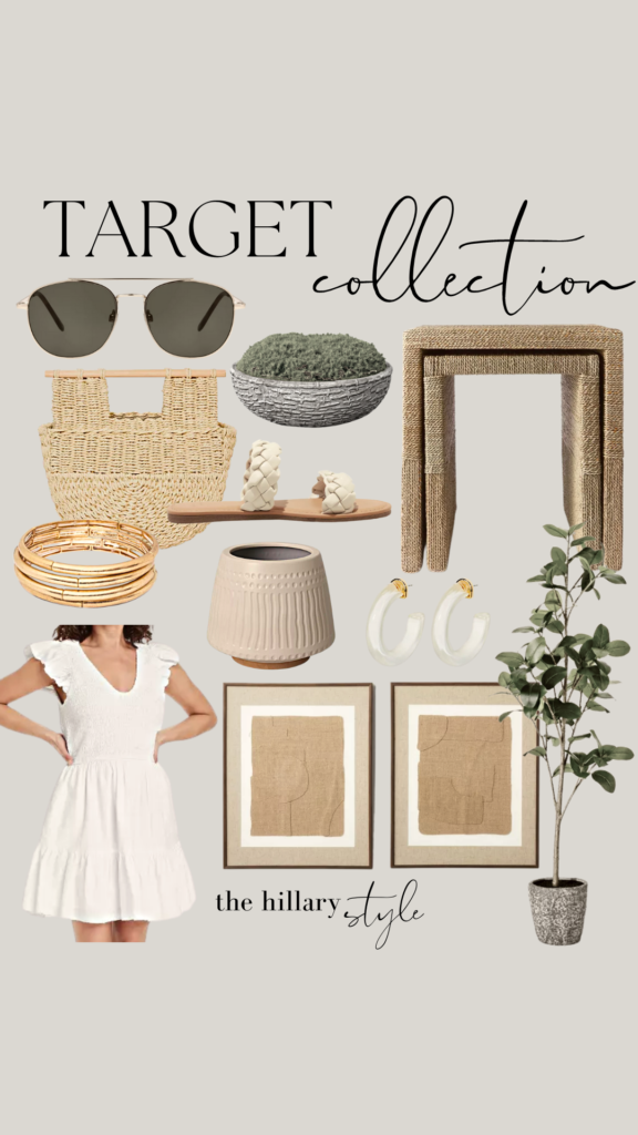 Target home decor collection with a white dress.