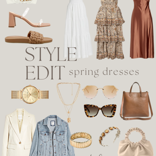 Spring style edit featuring dresses and accessories.