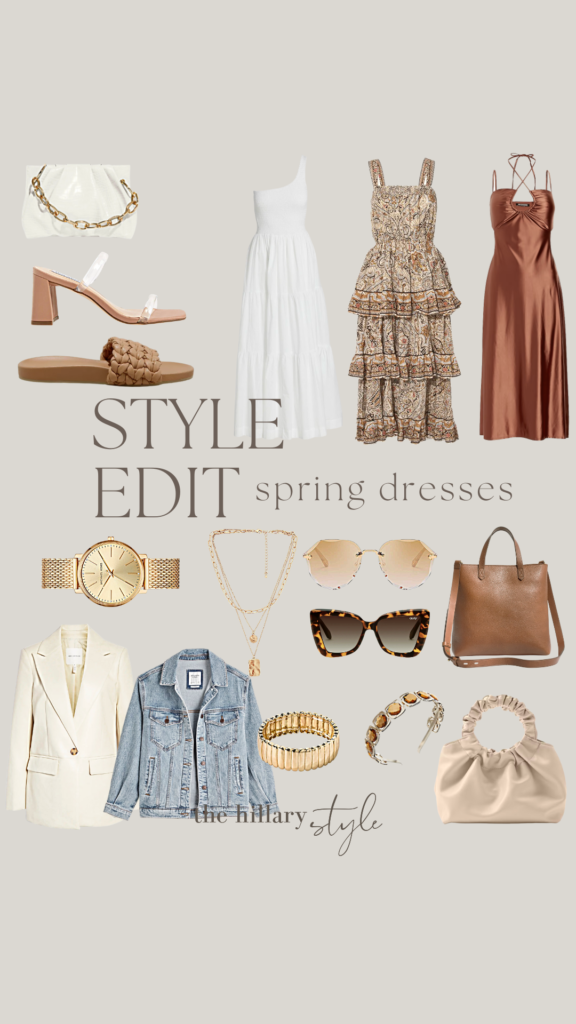 Spring style edit featuring dresses and accessories.