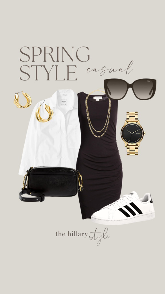 Spring casual outfit with black dress and white sneakers.