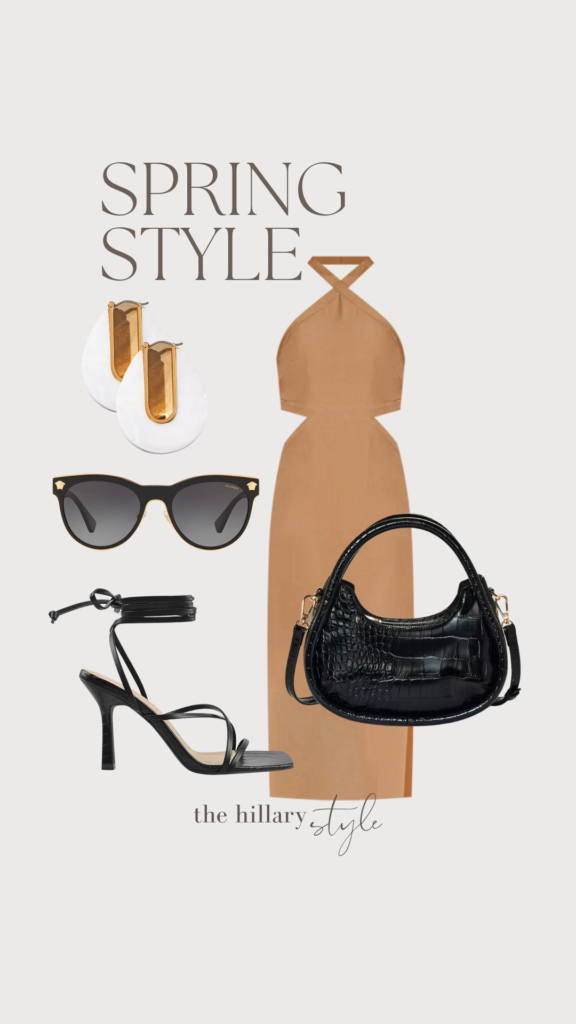 Spring outfit with black sandals, bag, and sunglasses.