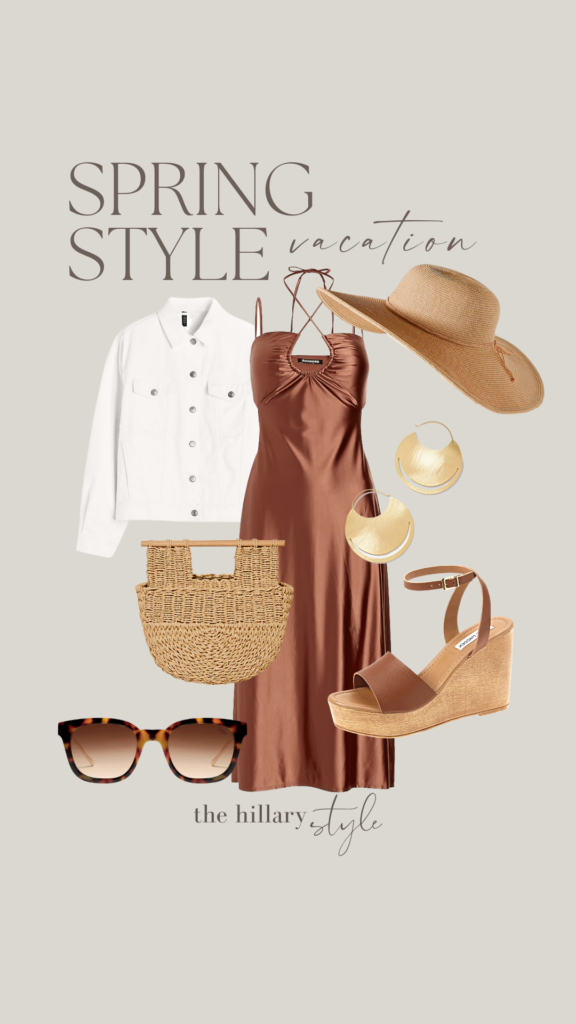 Spring vacation outfit with brown dress, hat, and sandals.