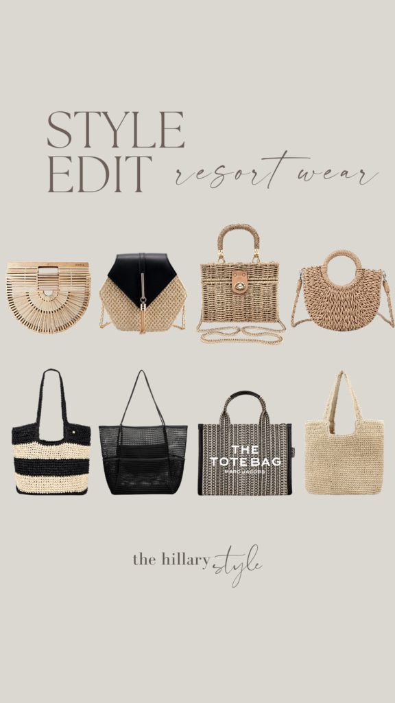 Eight straw bags for resort wear.