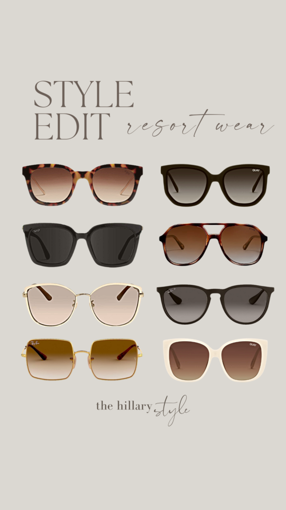 Six pairs of sunglasses in resort wear style.