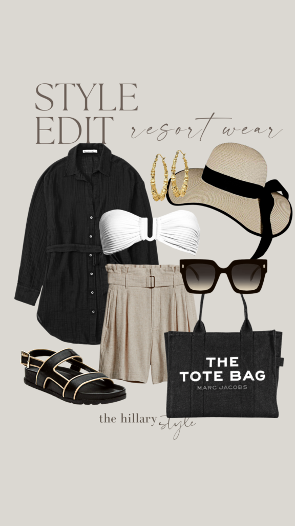 Resort wear outfit with sandals and tote bag.