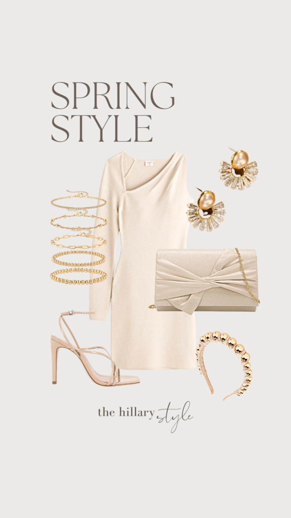 Spring outfit with gold jewelry and white dress.