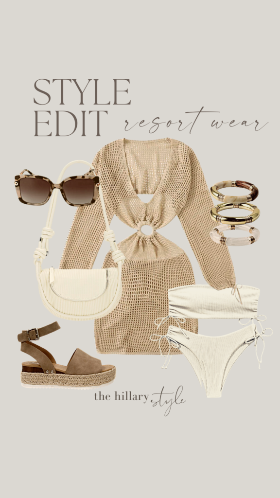 Beige crochet dress with white bikini and sandals.