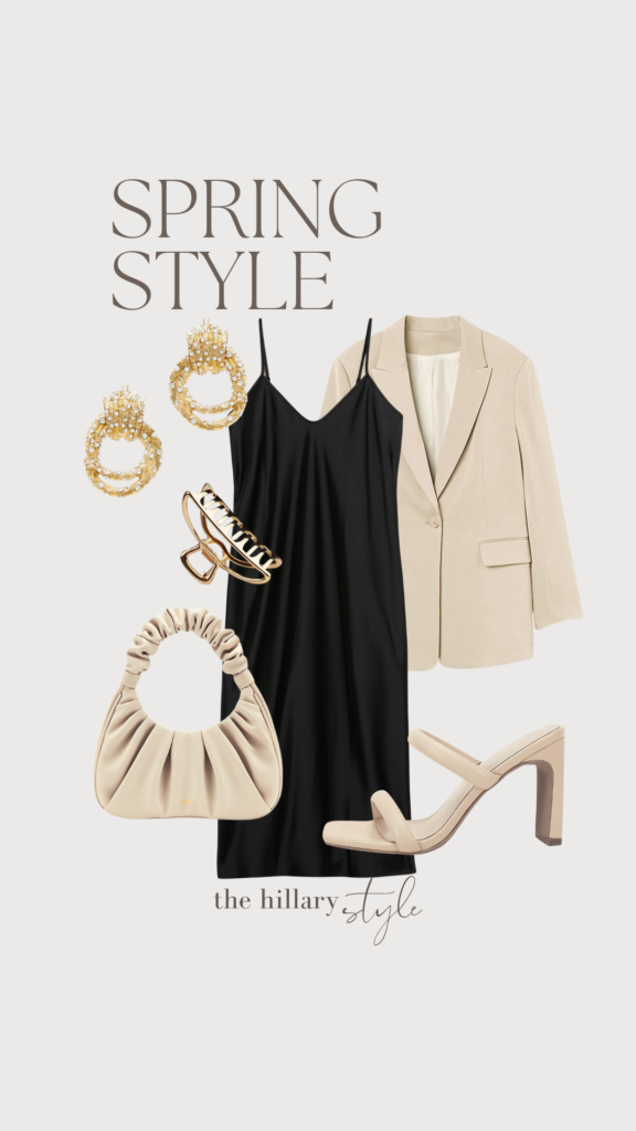 Spring outfit: black slip dress, beige blazer, heels