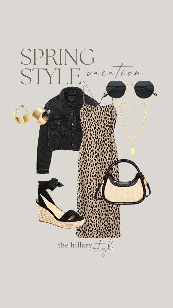 Spring vacation outfit with animal print dress.