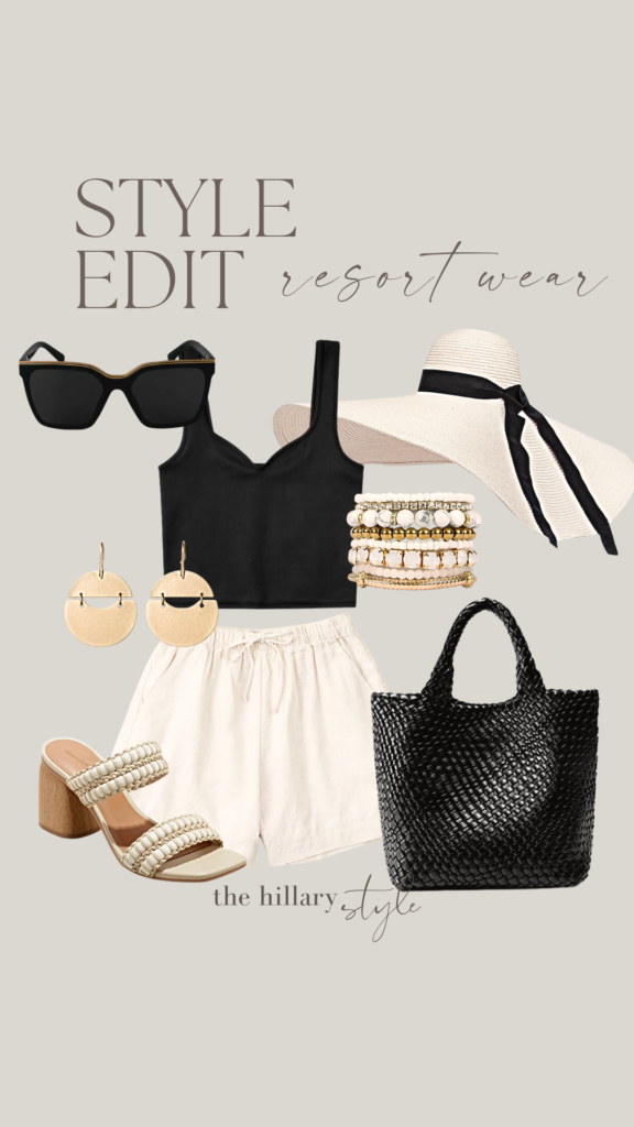 Resort wear outfit with hat, sandals, and bag.