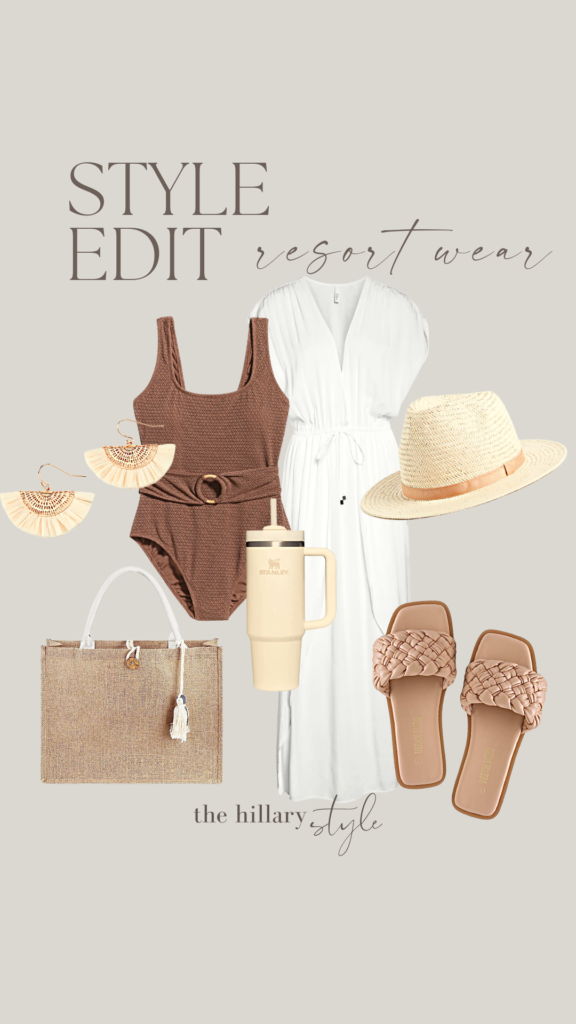 Resort wear style with white dress, sandals, and hat.