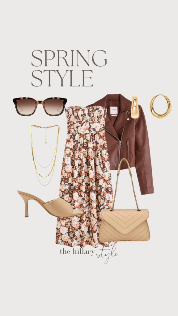 Spring outfit with floral dress and brown jacket.