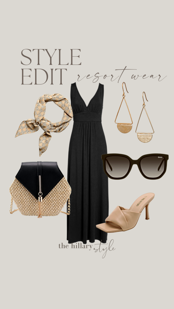 Black maxi dress, gold jewelry, and sandals.