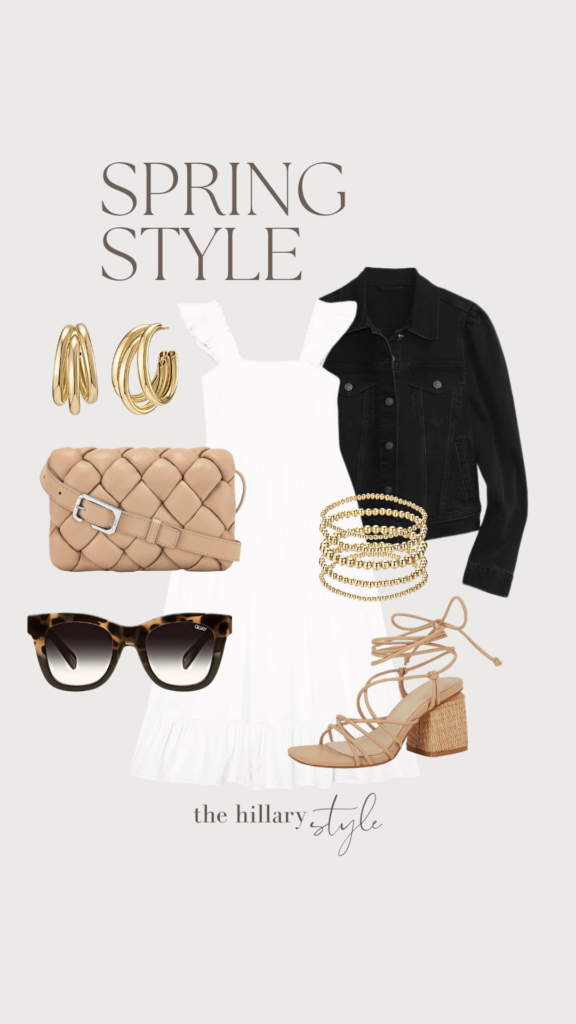 Spring style outfit with white dress and denim jacket.