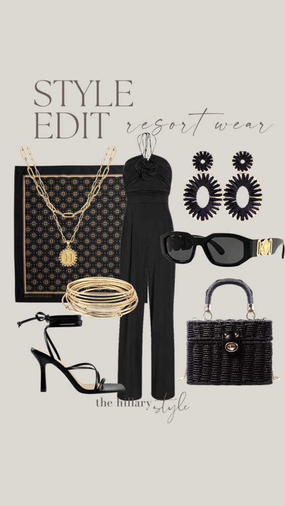 Black jumpsuit, sandals, and accessories.