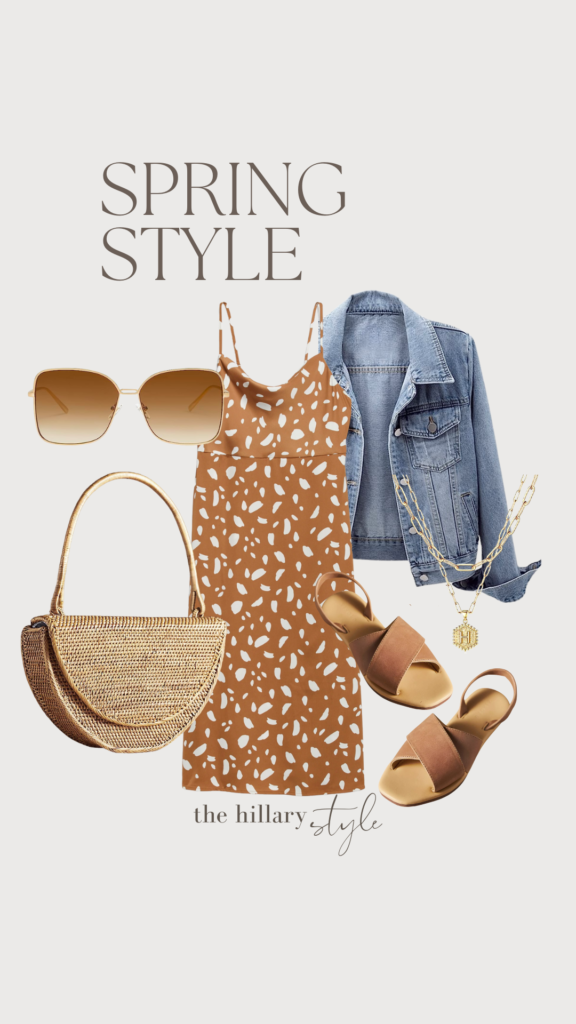 Spring outfit with sandals and a straw bag.