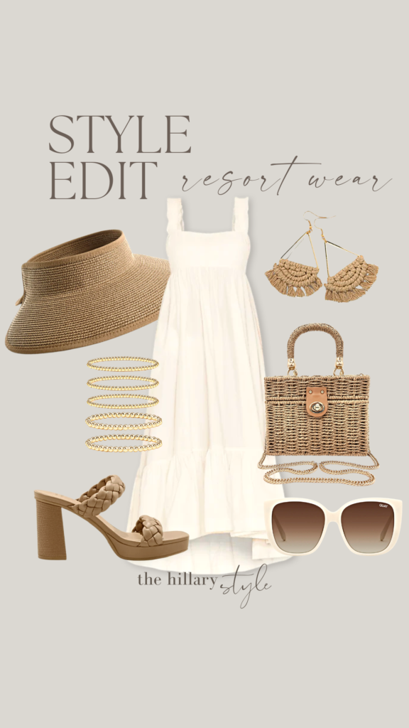 White dress, sandals, straw bag, and hat.