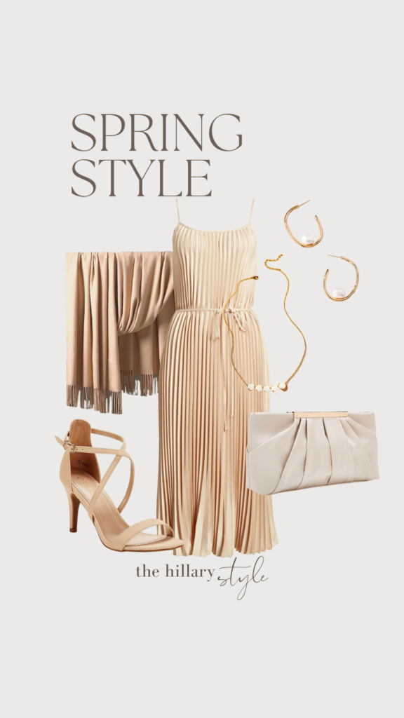 Beige pleated dress, sandals and clutch.