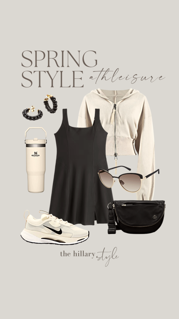 Spring outfit with black dress and white sneakers.