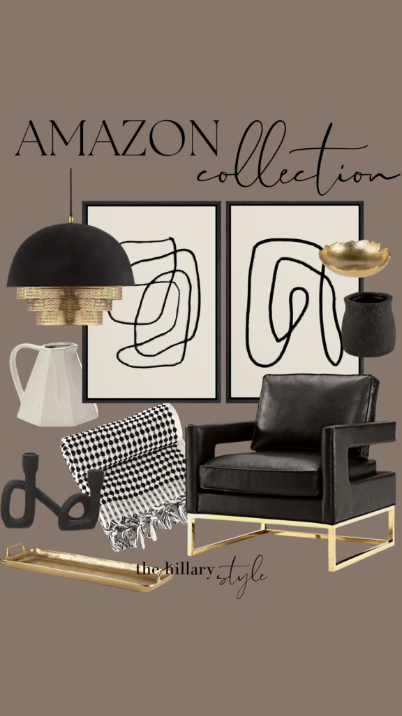 Black armchair with gold legs, decor items.