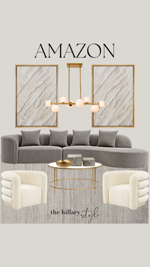 Living room furniture with gold accents.