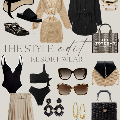 Resort wear style collage with accessories.