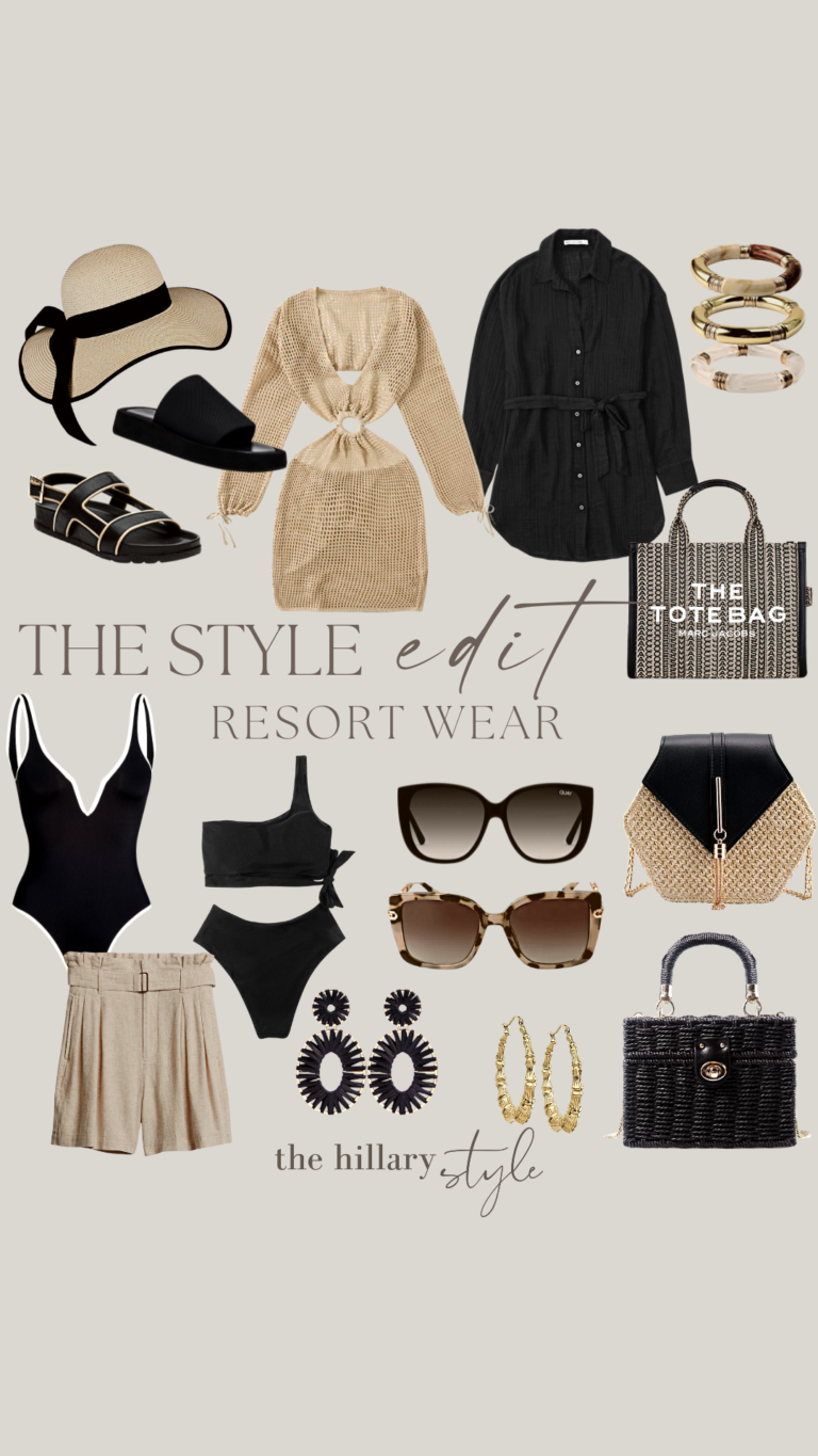 Resort wear style collage with accessories.