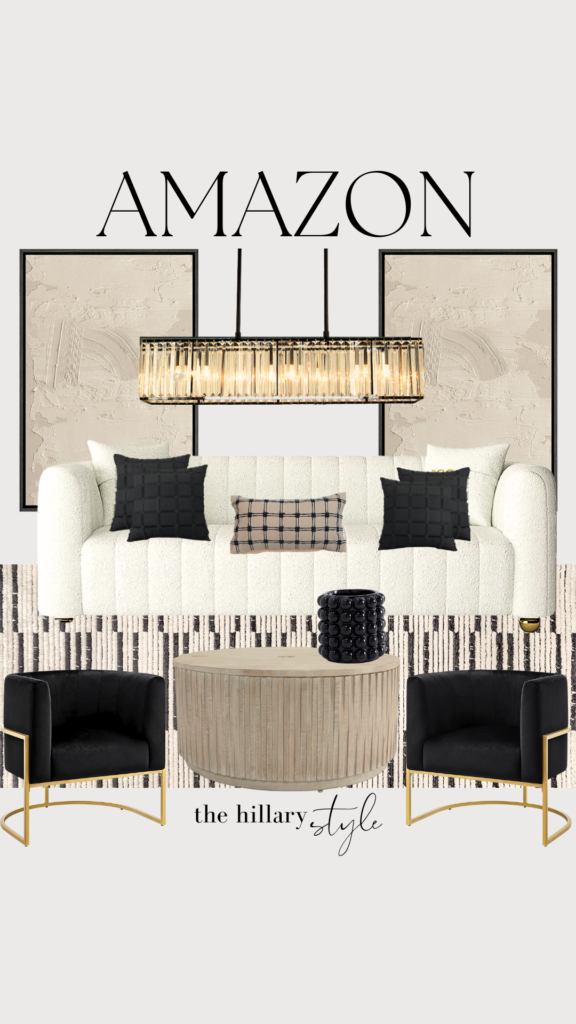 Amazon living room decor with black and gold accents.